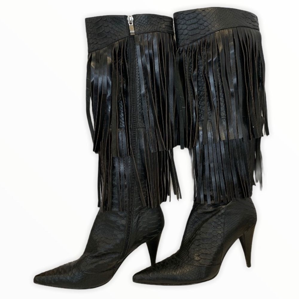 Fantasy collection black high heel fringe boots - Picture 2 of 12